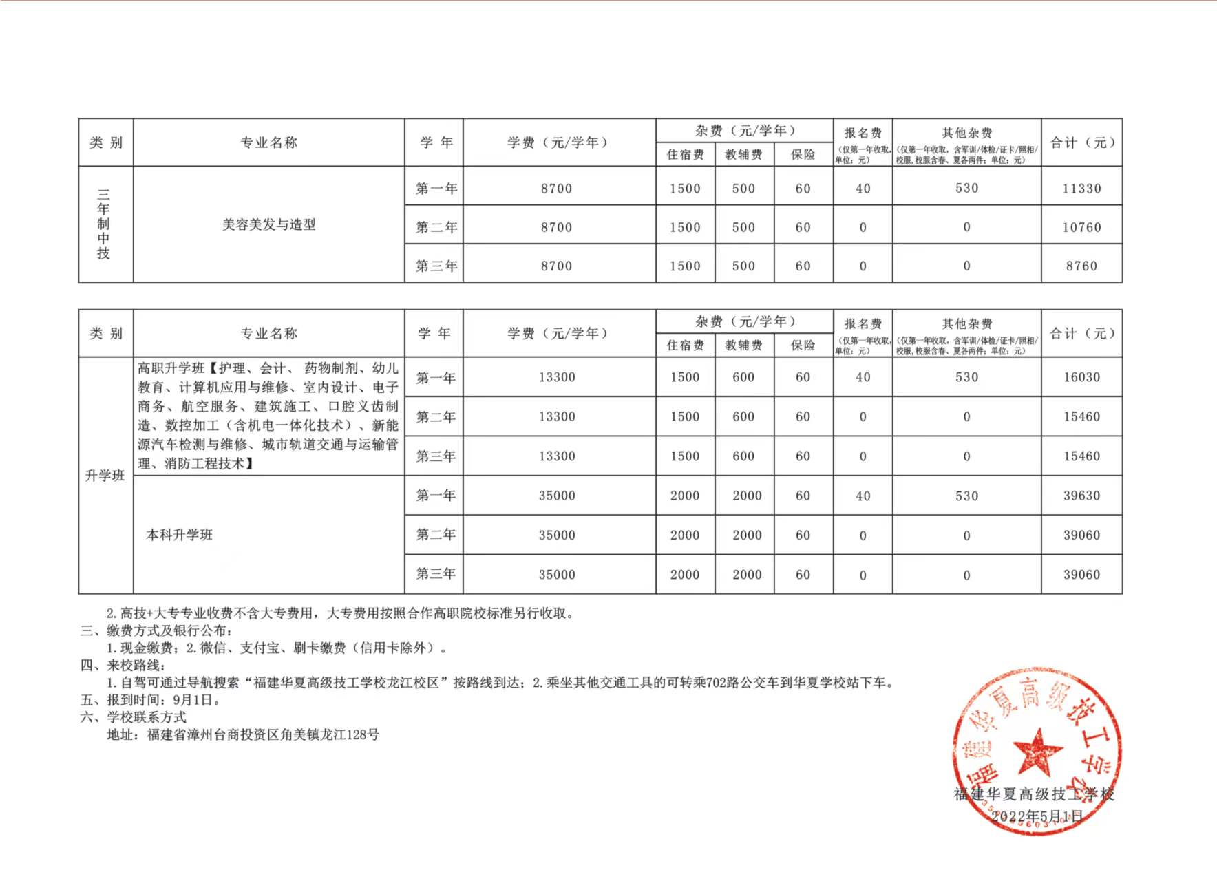 福建華夏高級技工學校三年制收費