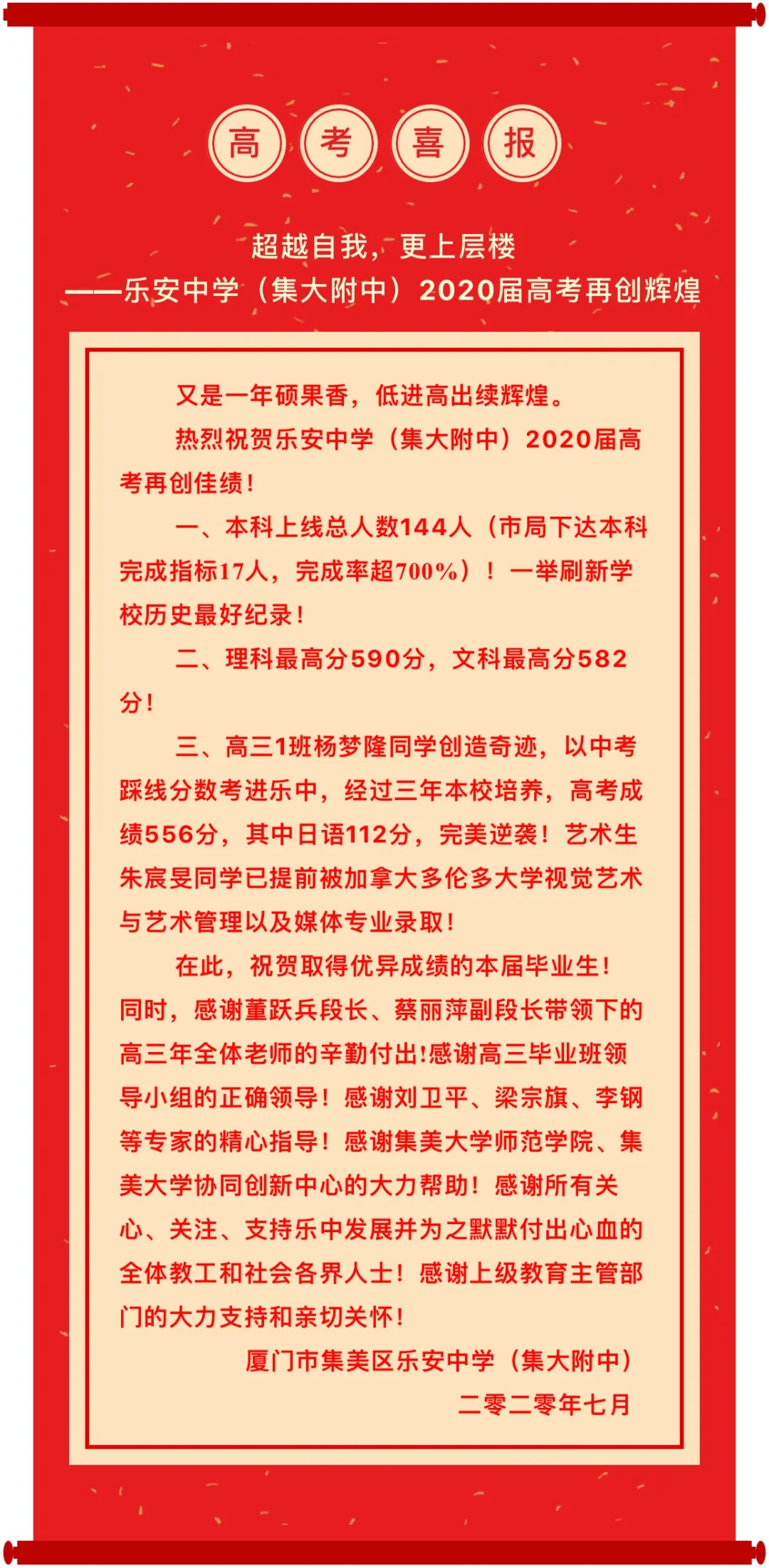 【高考喜報】超越自我,更上層樓 ——樂安中學(集大附中)2020屆高考再創(chuàng)輝煌