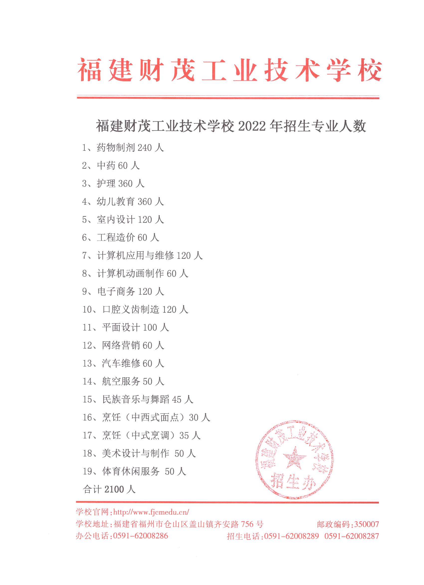 2022年<a href=http://www.mitutoyo-qf.cn/school-517/ target=_blank class=infotextkey>福建財茂工業(yè)技術(shù)學(xué)校</a>招生專業(yè)人數(shù)