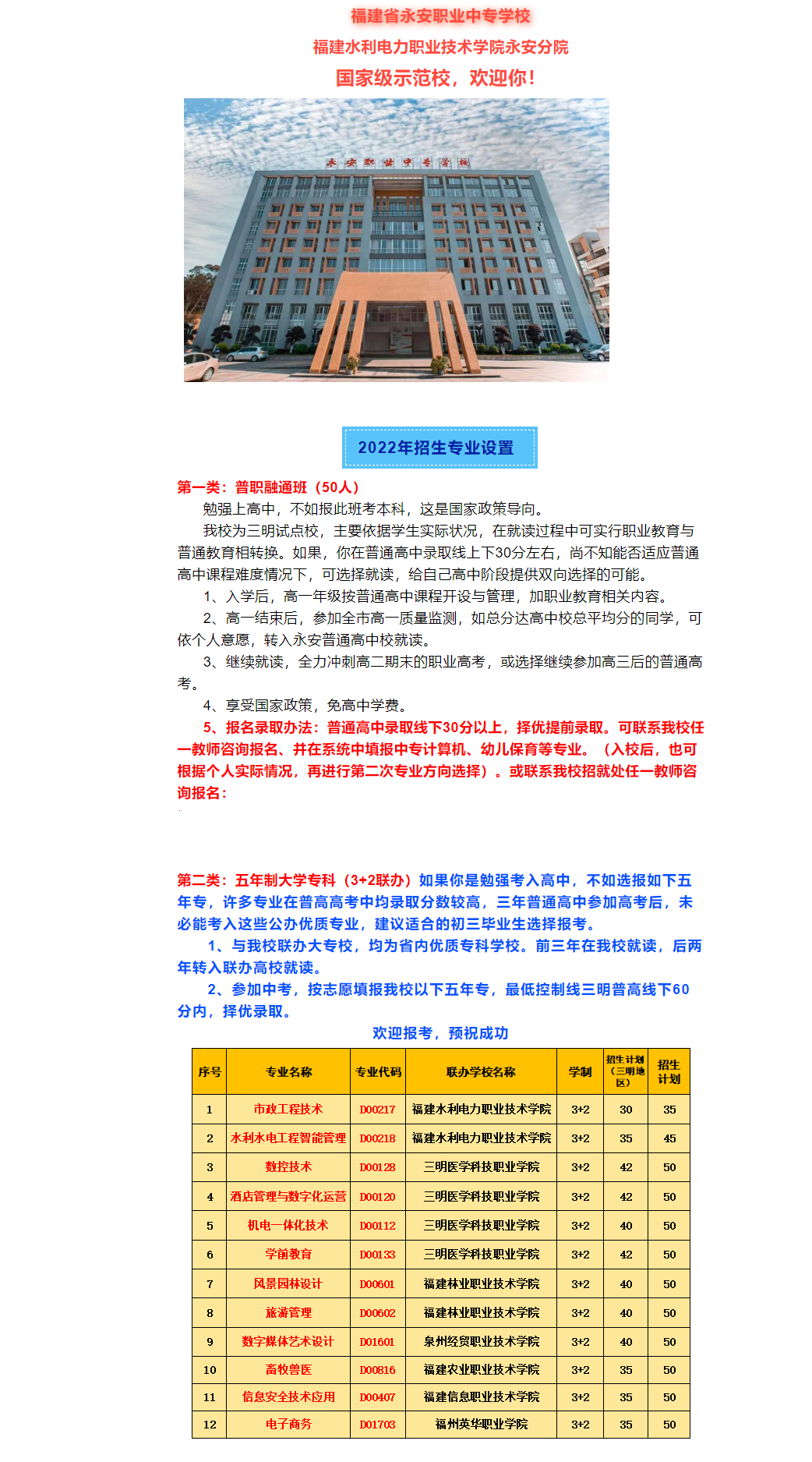 永安職業(yè)中專學(xué)校2022年招生簡章